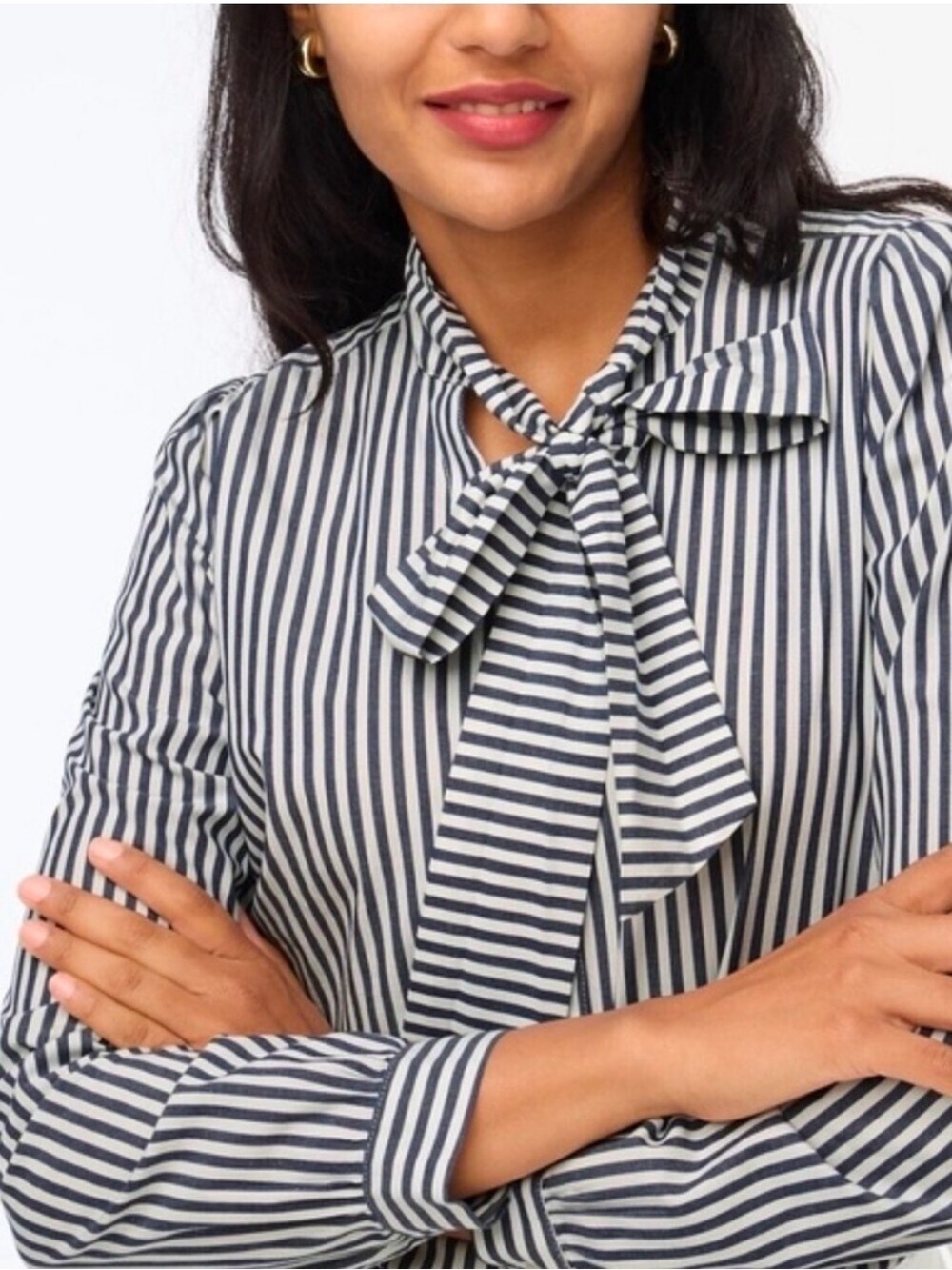J. Crew Navy and White Striped Tie-Neck Blouse